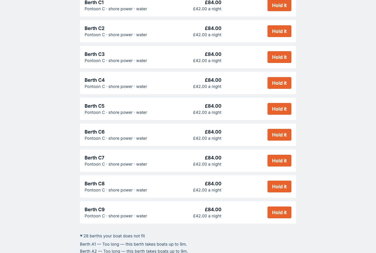 The availability screen listing nine pontoon C berths at £84.00 for two nights, £42.00 a night, each with a "Hold it" button. Below them, an expanded list of twenty-eight berths the boat does not fit, each giving a reason such as "Too long — this berth takes boats up to 9m".