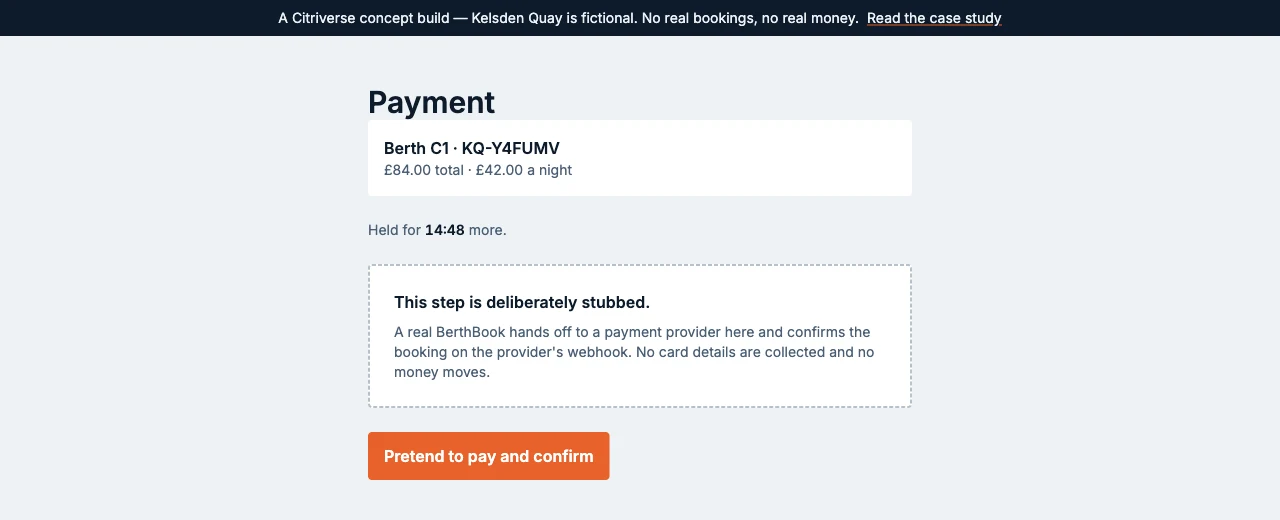 The payment step showing berth C1, booking reference KQ-Y4FUMV, £84.00 total at £42.00 a night, a line reading "Held for 14:48 more", and a dashed panel headed "This step is deliberately stubbed."